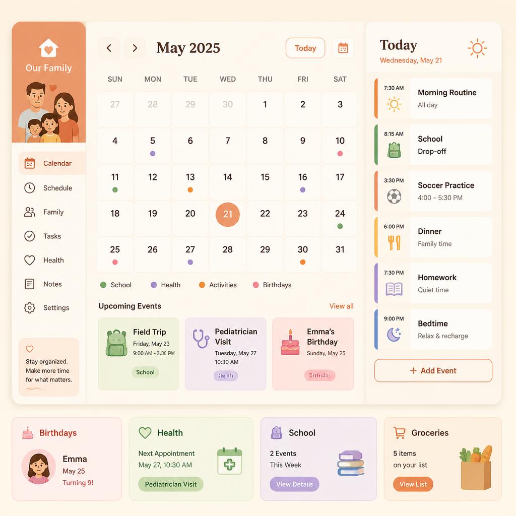 Vista del calendario familiar de Luma con eventos de colegio, salud y cumpleaños